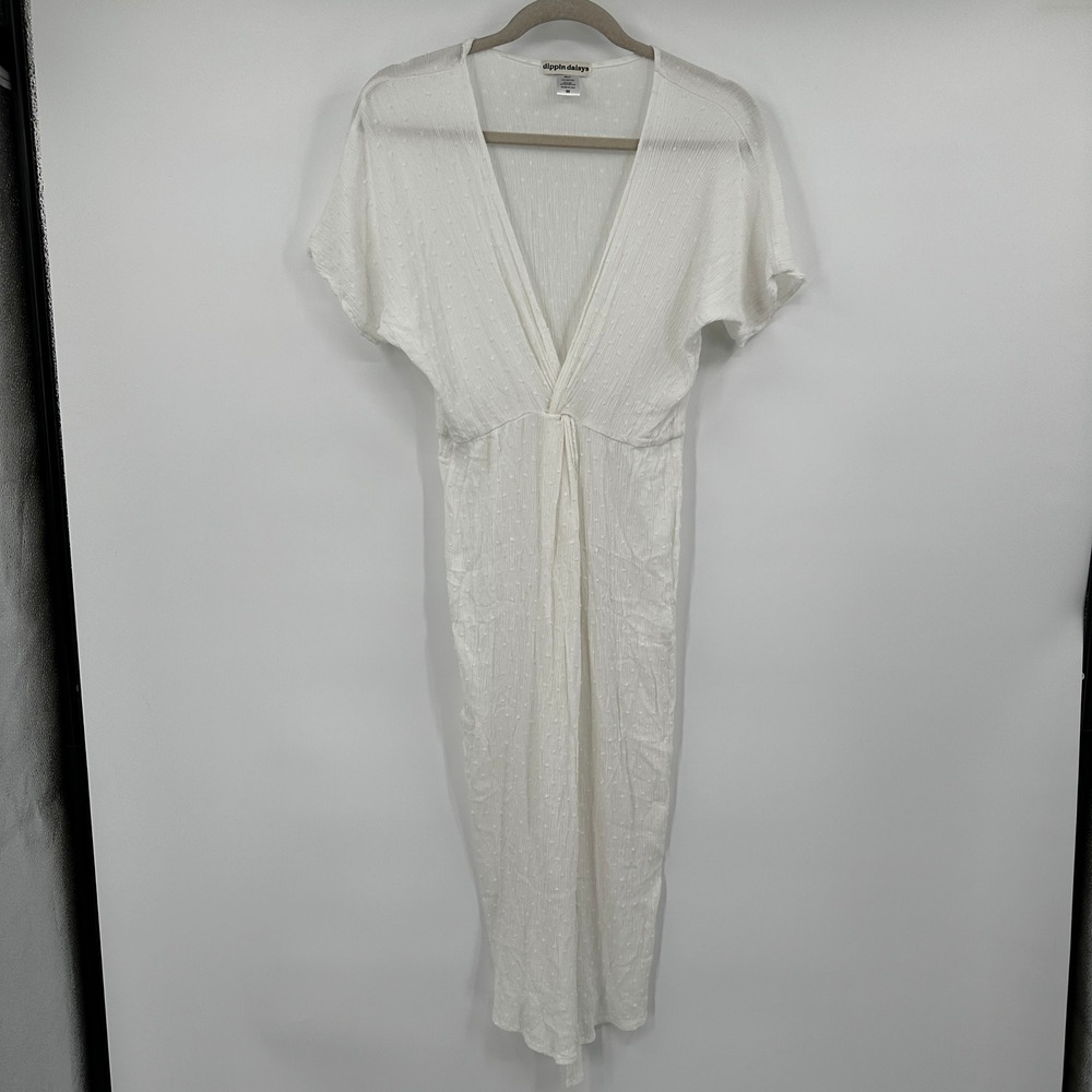 Dippin Daisys White Swiss Dot Twist Front Coverup Swim Midi Dress Womens Medium